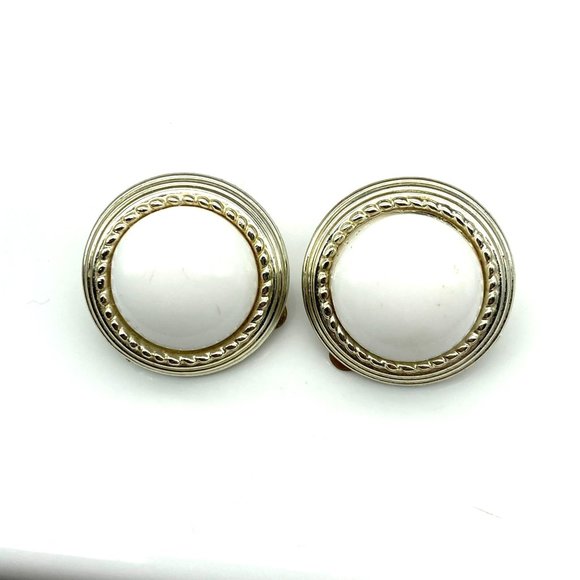 Elegant White Lucite Button Earrings with Gold Tone Frames, Vintage Chic Clip On - Picture 4 of 6